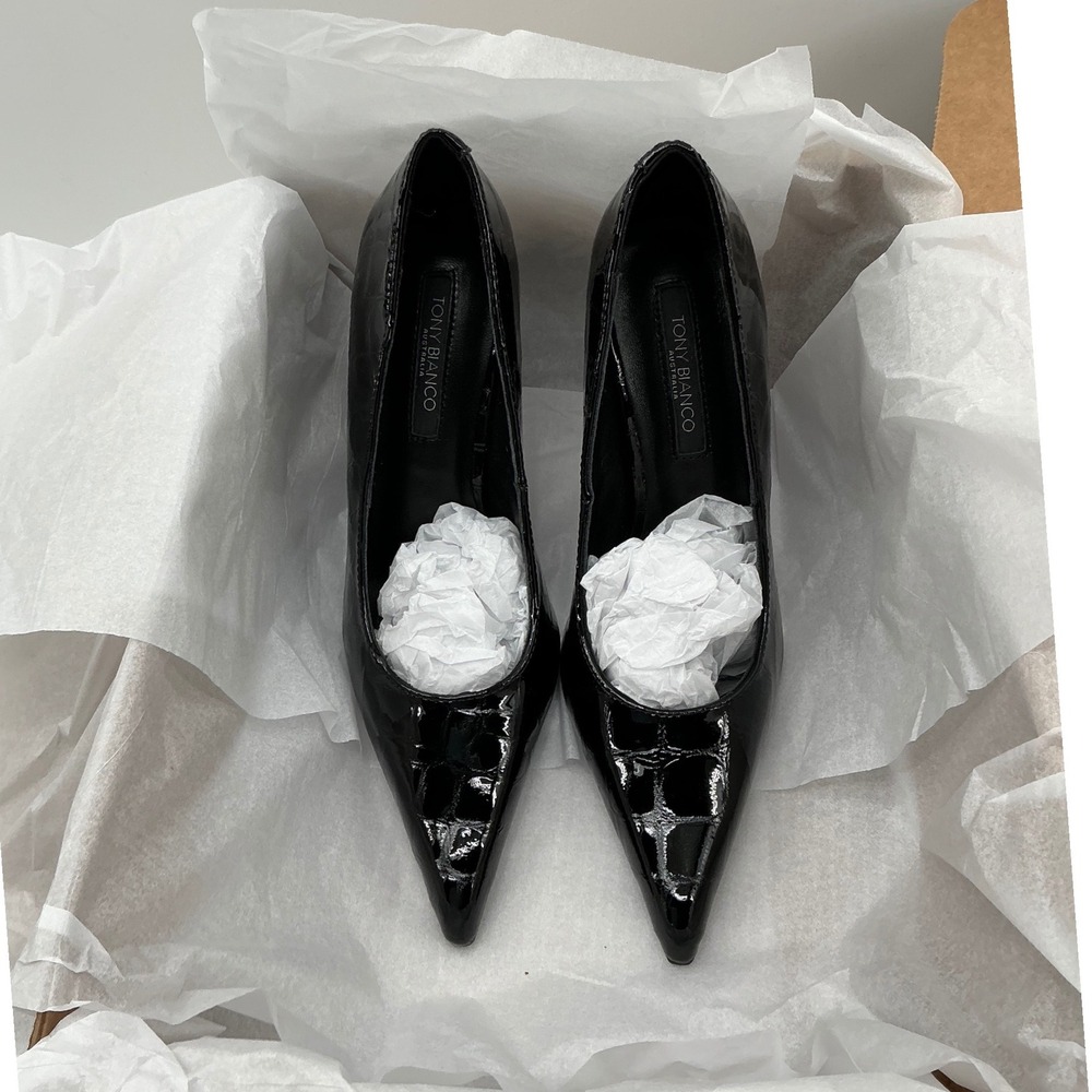 Tony Bianco Black Croc Embossed Patent Leather Pointed Toe Stiletto Pumps Heels